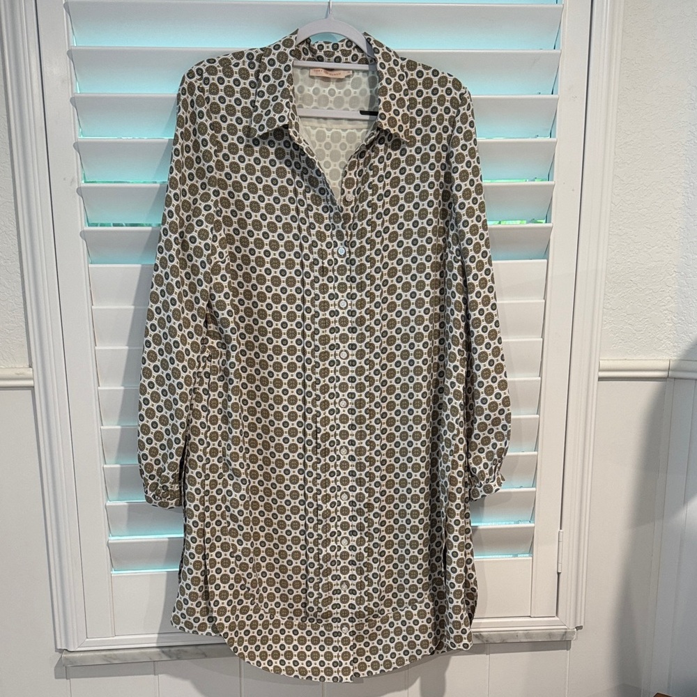 Tory Burch Cora Button Down Ivory Batik Medallion Long Sleeve Dress